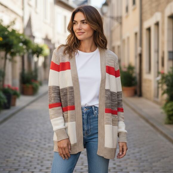 Rafaella Striped Open Front Cardigan Boho Layering Sweater Size L - Picture 1 of 6
